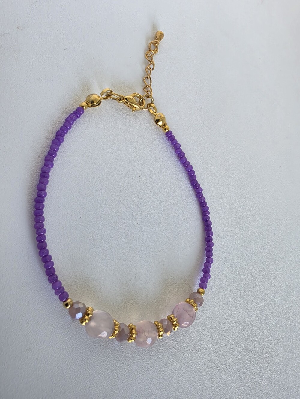 Rose Quartz Beaded Bracelet Purple Seed Beads Gold Tone Adjustable Handmade